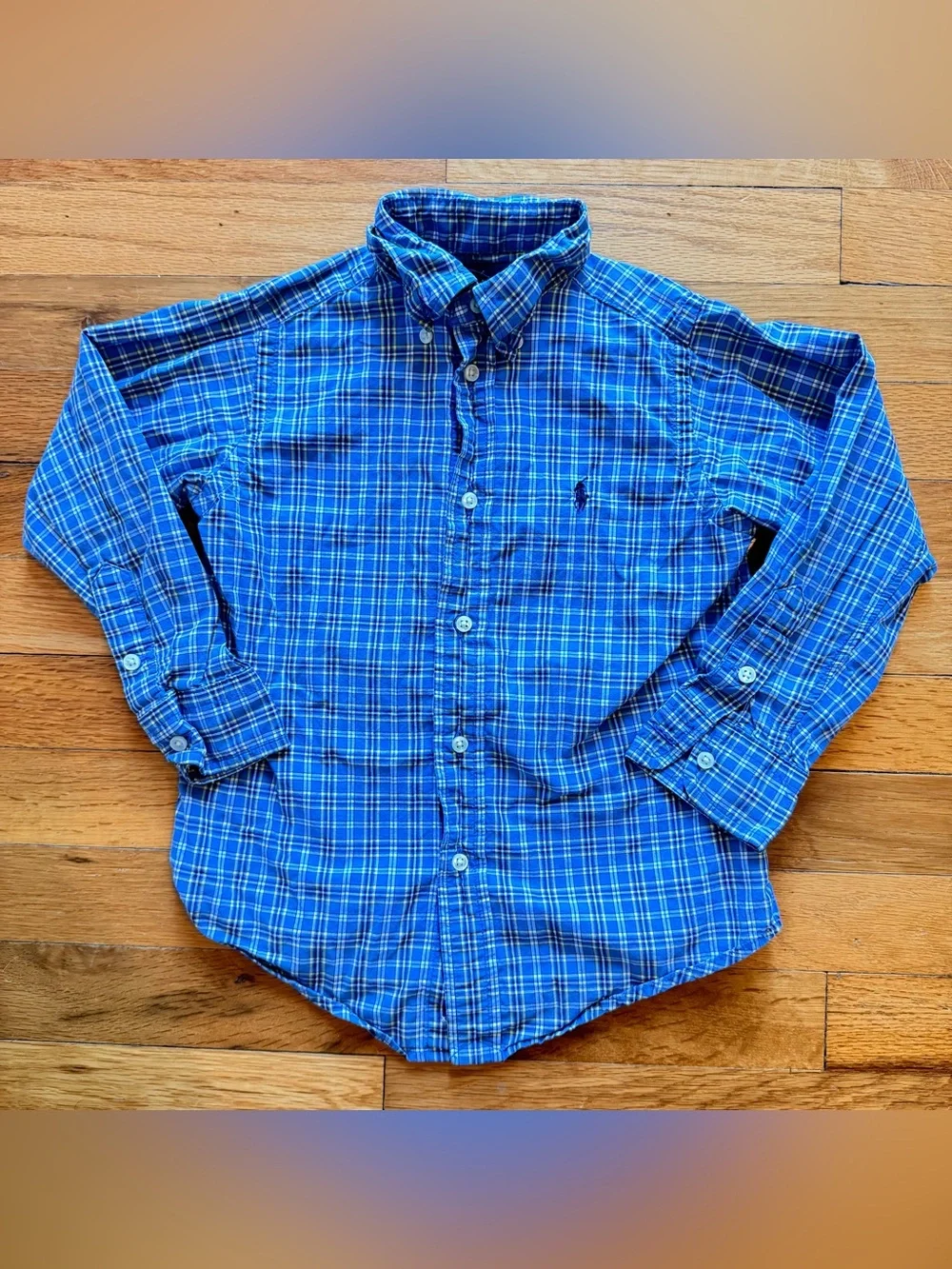 Ralph Lauren Button Collared Long Sleeve Kids size 4 Blue Plaid